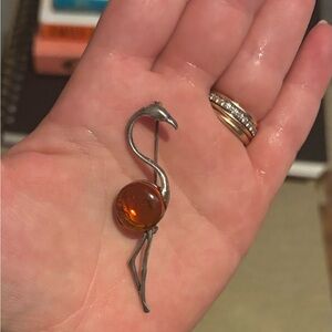 Vintage Sterling Silver Flamingo Brooch with Amber Cabochon